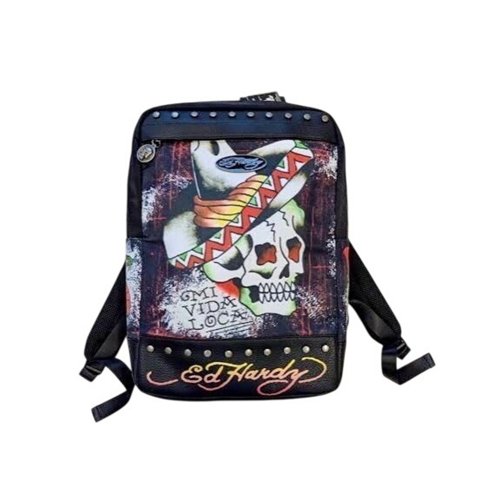 Ed Hardy Mi Vida Loca Skull Backpack Black Studded Tattoo Art Laptop Bag
